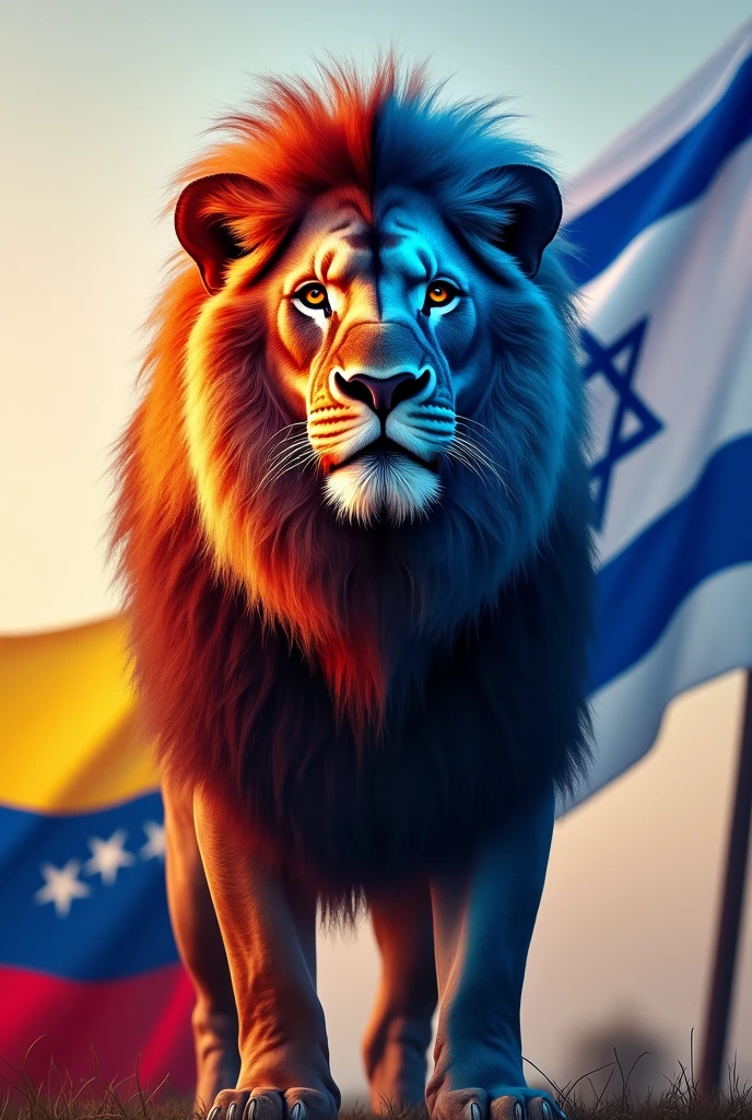 Make a lion facing forward with half of its face red and the other half blue. The background should have the flag of Israel on the right and the flag of Venezuela on the left.
