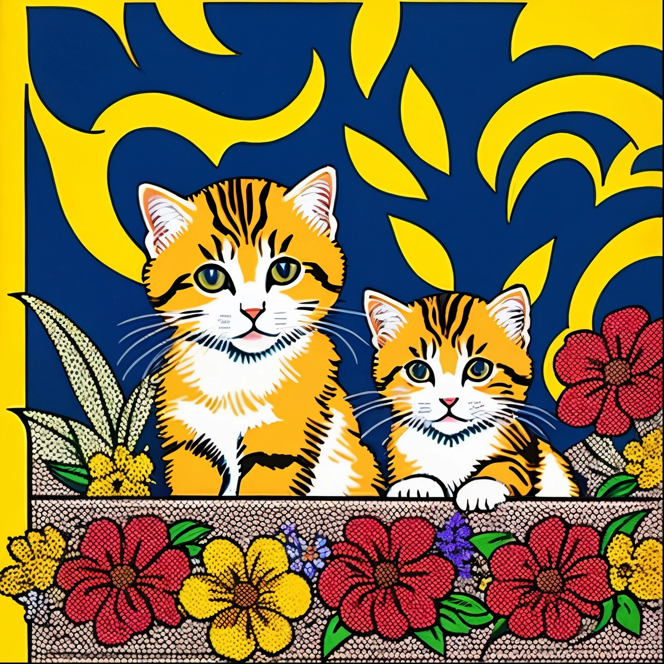 Two kittens and flowers, by Roy Lichtenstein, pop art