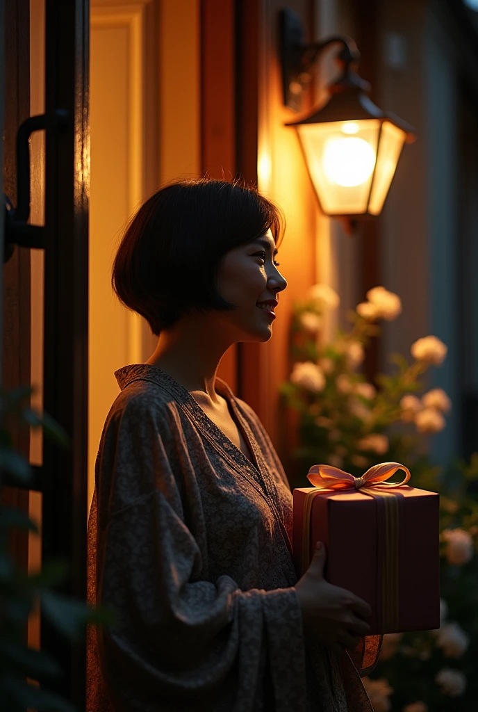 (photorealism:1.2),1woman,short hair, build,receiving gift box,neighbors giving gift,night scene,detailed facial features,detailed clothing,intricate background,cinematic lighting,warm color tones,atmospheric setting,depth of field,realistic textures,masterpiece