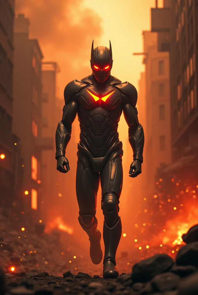 {
  "size": "1024x1024",
  "prompt": "A chaotic cityscape with smoke and sparks flying everywhere. Electron floats above the city, with glowing eyes that reflect his focus and determination. The scene captures the turmoil and destruction, with Electron poised to take action to restore order."
}
