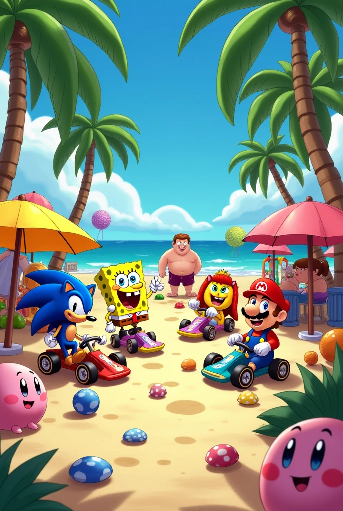 Bikini button and family guy and PAC man and sonic and Mario party and Kirby