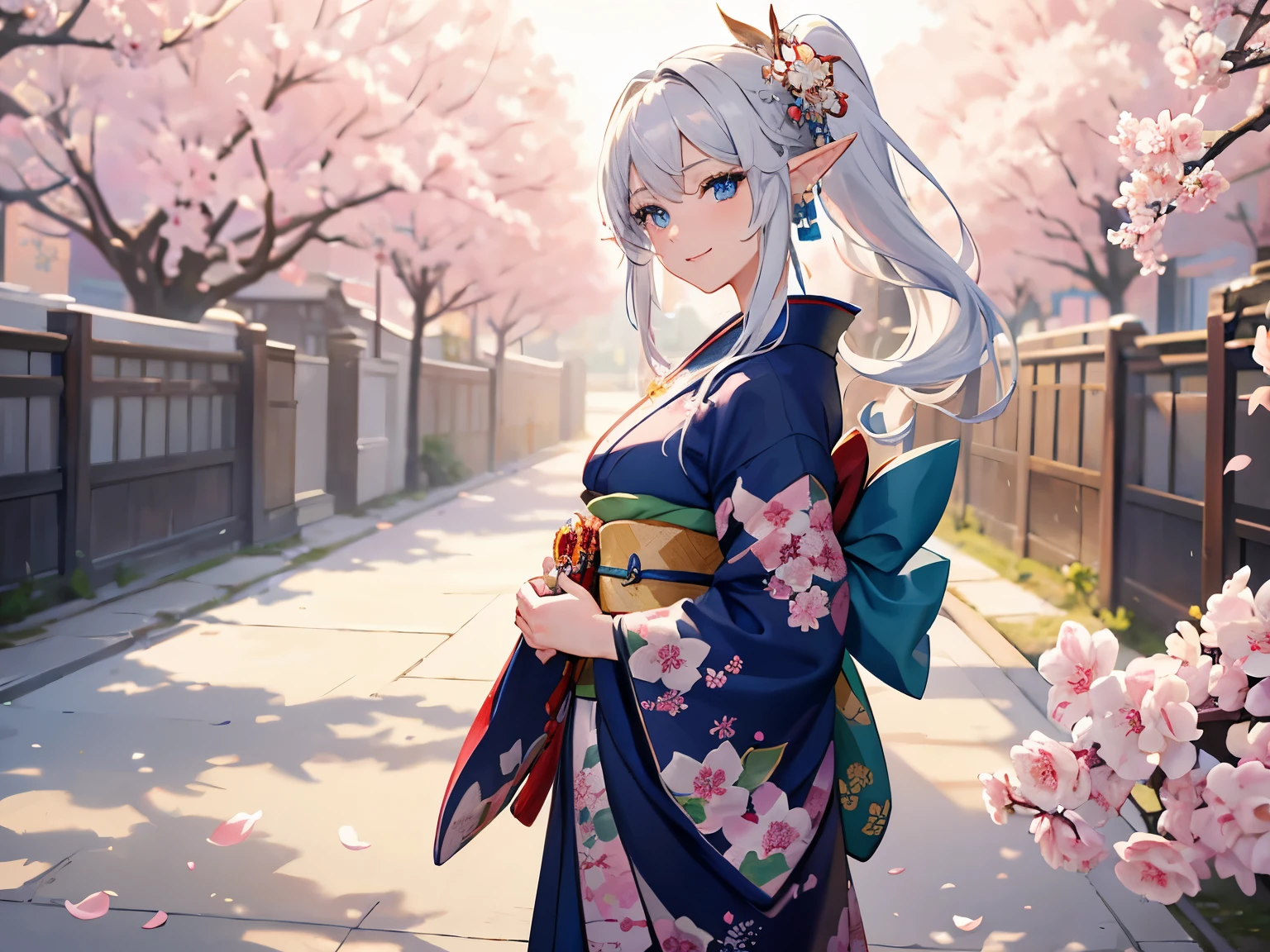 Masterpiece, best quality, UHD, 1girl, elf girl, long white hair, ponytail, blue eyes, detailed eyes, elf ears, (at the sakura tree), sakura petals, ((wearing flowers pattern kimono)), smiling, spread her hands, turn around, walking, colourfull background, 4k, beauty scenery, cinematic lighting, volumetric lighting, warm lighting