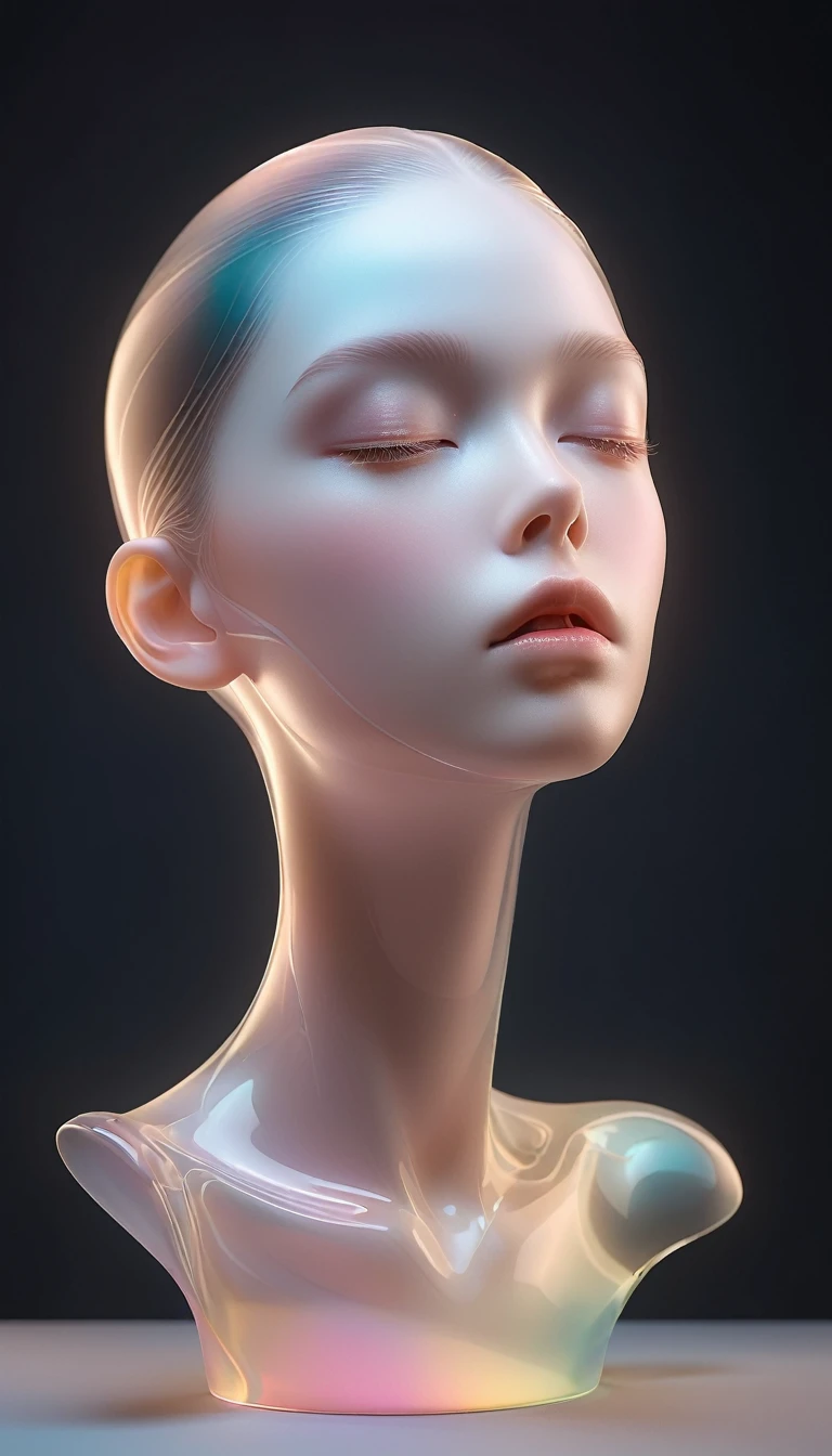 A transparent 3D portrait sculpture made of glass is placed on a central stand...，matte texture，面部radiation线路，simple，minimalism，Beautiful girl，Soft and elegant colors，，dark background，radiation