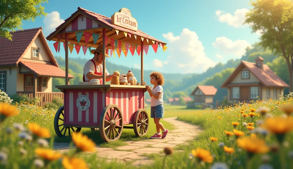 A bought ice cream from ice cream man in very hot day in a village