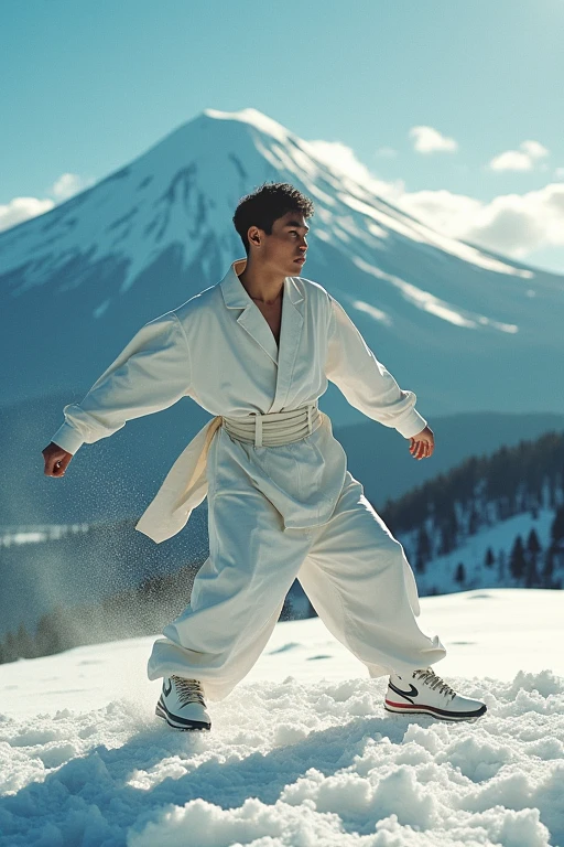 Image bboy Japanese with clothes dj and white dancing in Japan in mountain Fuji make freeze air chair cinematetic Alta resolução, defocused, best qualityer, American propaganda poster,