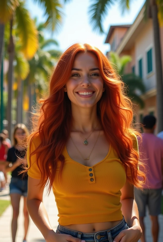 Brazilian student with red hair and a prominent chest.