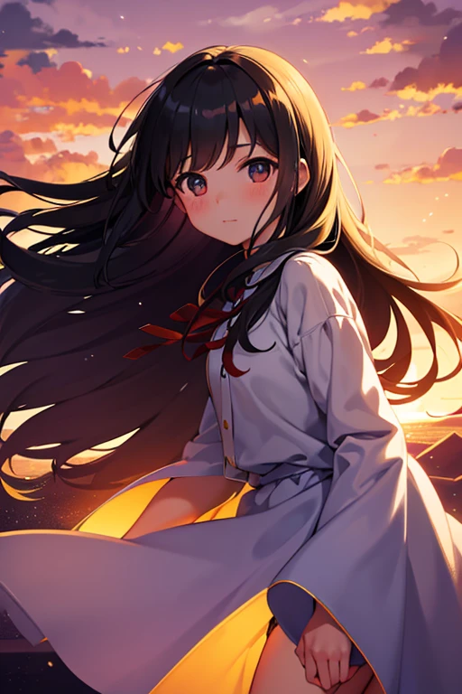 work of art, best qualityer, 1 girl, girl in the clouds, Floating in the sky, close up, Ablaze, glad, soft, warm lighting, sunset, (sparks:0.7), looking ahead at viewer