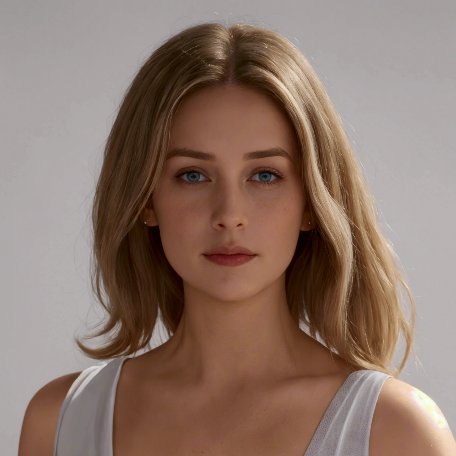 (Reagan Revord)(Missy Cooper), une actrice américaine de 18 ans, 8k, ultra haute résolution.Photoréaliste, UHD, BRUT, Reflex numérique, éclairage naturel, Extérieur. Visage de forme ovale, légèrement angulaire avec une mâchoire discrètement définie. Teint de peau clair, avec une texture de peau lisse et uniforme, présence notable de taches de rousseur sur le nez et les joues. Cheveux châtain clair avec des reflets dorés perceptibles, texture douce, mèches tombant légèrement autour du visage. Front de taille moyenne, lisse, dégagé, légèrement incliné vers l'arrière. Sourcils droits et épais, légèrement inclinés vers le bas, bien définis, sans écart prononcé entre eux. Yeux de forme légèrement en amande, iris de couleur bleu-vert, pupilles bien centrées. Cils longs et courbés. Nez petit et droit, arête bien définie, avec des narines ovales et légèrement ouvertes. Pommettes saillantes, légèrement rosée. Joues rondes, avec une rondeur légèrement accentuée. Lèvres rosées, lèvre inférieure légèrement plus pleine que la supérieure, présentant une légère asymétrie. Menton arrondi, avec un contour subtil, légèrement pointu. Tempes légèrement creusées. Oreilles bien proportionnées, lobes détachés, symétriques, légèrement visibles sous les cheveux. Légères taches de rousseur réparties sur le nez et les joues, ajoutant un aspect distinctif et juvénile au visage. Peau lisse, pores légèrement visibles autour du nez, neutre éclat général. Narines de forme ovale, symétriques, légèrement ouvertes, avec un contour bien défini. Distance entre les yeux et sourcils modérée, avec une nette séparation visible, contribuant à la définition du front et des arcades sourcilières. 24mm largeur œil gauche, 73mm longueur interpupillaire, 41mm largeur du nez, 60mm taille sourcils.