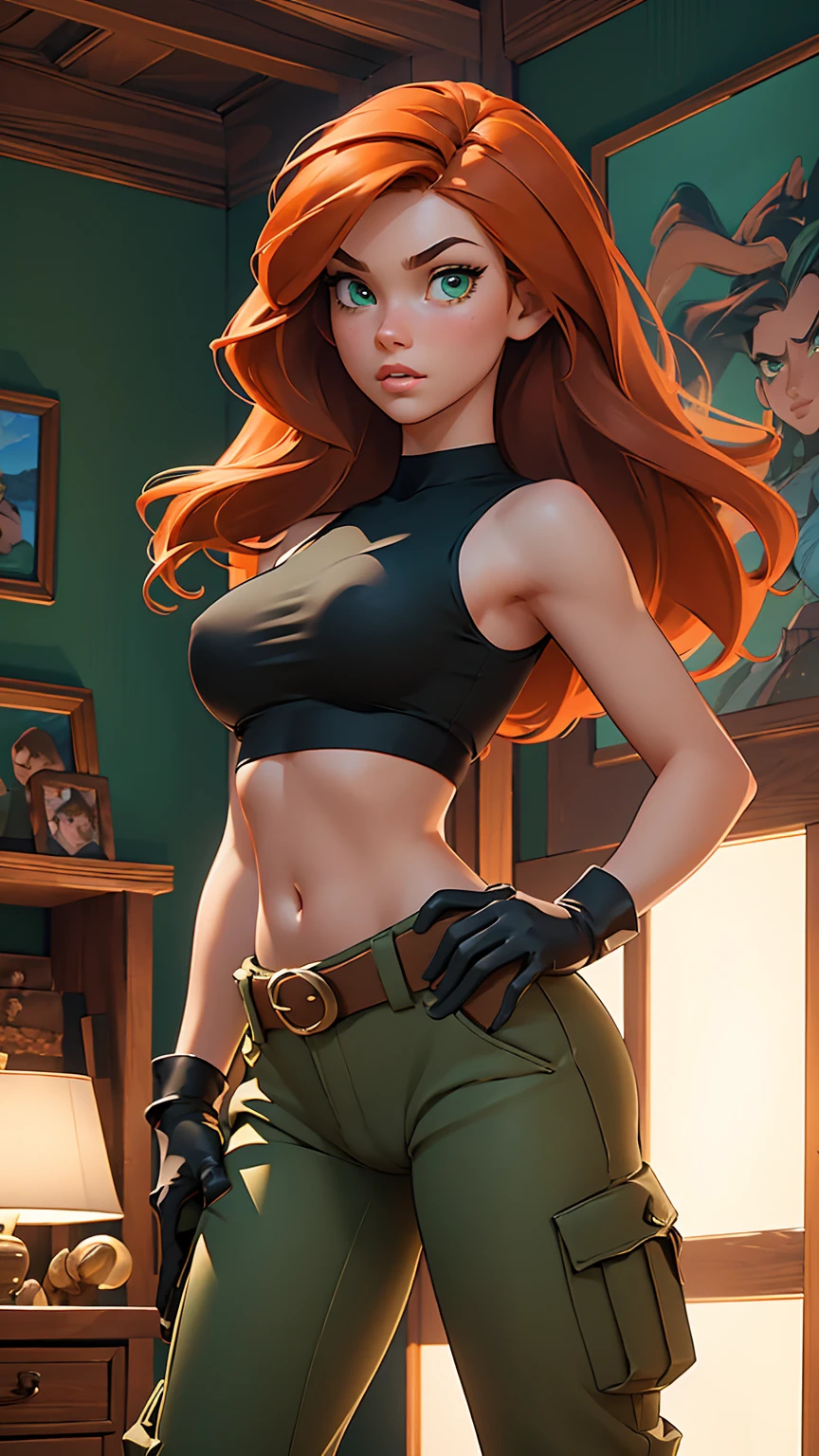 Masterpiece, raw, beautiful art, professional artist, 8k, very detailed face, very detailed hair, 1girl, Kim Possible, wearing (Orange-red hair, green eyes, confident expression, black crop top, black gloves, brown belt, green cargo pants:1.1), cameltoe, posing in her bedroom, perfectly drawn body, beautiful face, long hair, very detailed eyes, rosey cheeks, intricate details in eyes, puckered lips, perfect fit body, beautiful body, extremely detailed, intricate details, highly detailed, sharp focus, detailed skin, realistic skin texture, texture, detailed eyes, high resolution, kodak vision color, foto_\(ultra\), post-processing, maximum detail, roughness, real life, ultra realistic, photorealism, photography, absurdres, RAW photo, highest quality, high detail RAW color photo, professional photo, extremely detailed UHD 8k wallpaper unit, best quality, highres, (masterpiece, top quality, high resolution:1.4), photo, cinematic, film grain, sharp, soft natural light, magic photography, super detailed