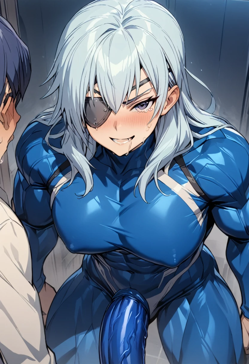 (masterpiece, Highest quality:1.2), smile, View your viewers, Huge muscles、Huge penis,David,Tight suit,Sakuma Jirou,((Young boy,Little,Eye patch,Cobalt blue hair color,Long Hair))Crying face,Drooling,