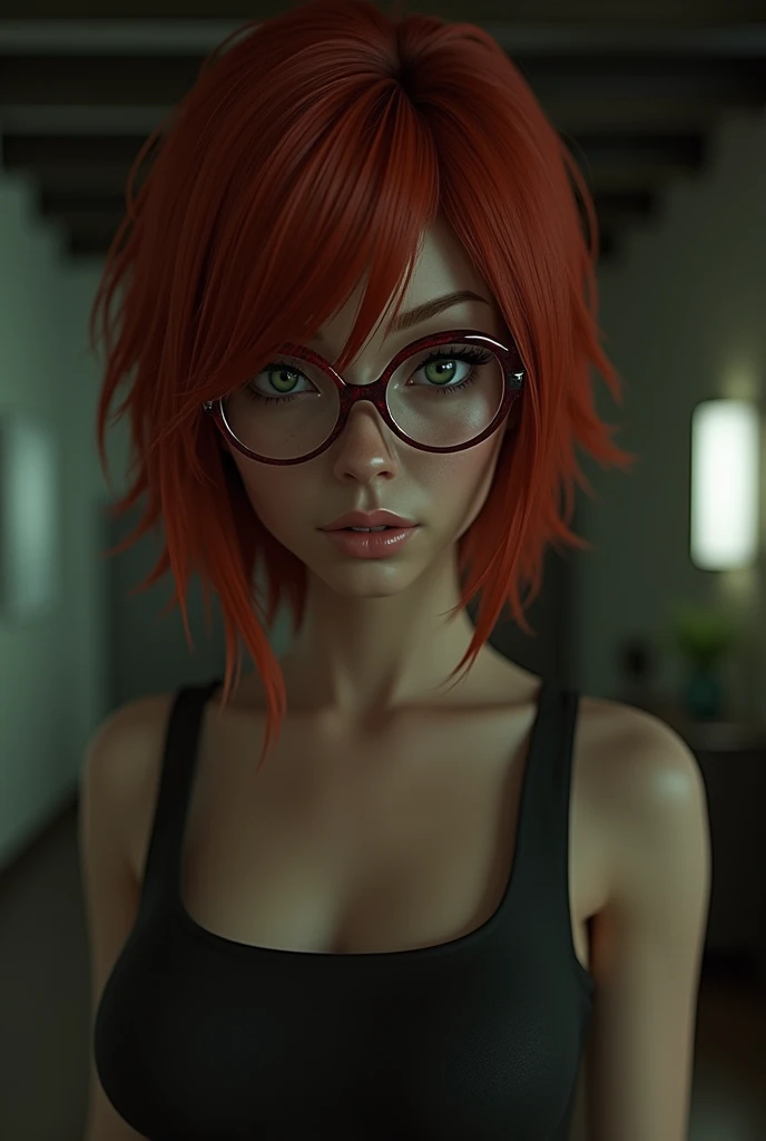 There is a woman with red hair, with green eyes and glasses standing in a room., supermodel on silent hill, Gordon Freeman as a woman, wearing red stained glasses, second life avatar, Vampire The Masquerade, Velma, yaoi kasuma, of half-life 2, Portrait of Max Caulfield, she has red hair, Sil of species, LEELOO, upper body avatar