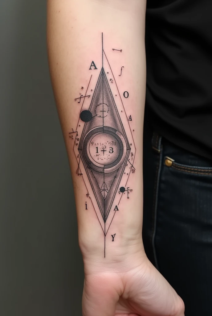 Tattoo design for women to cover a math equation, that it be black in color, for the left forearm and that it gets bigger, that they DO NOT have flowers and that the image is clear, that it has lines