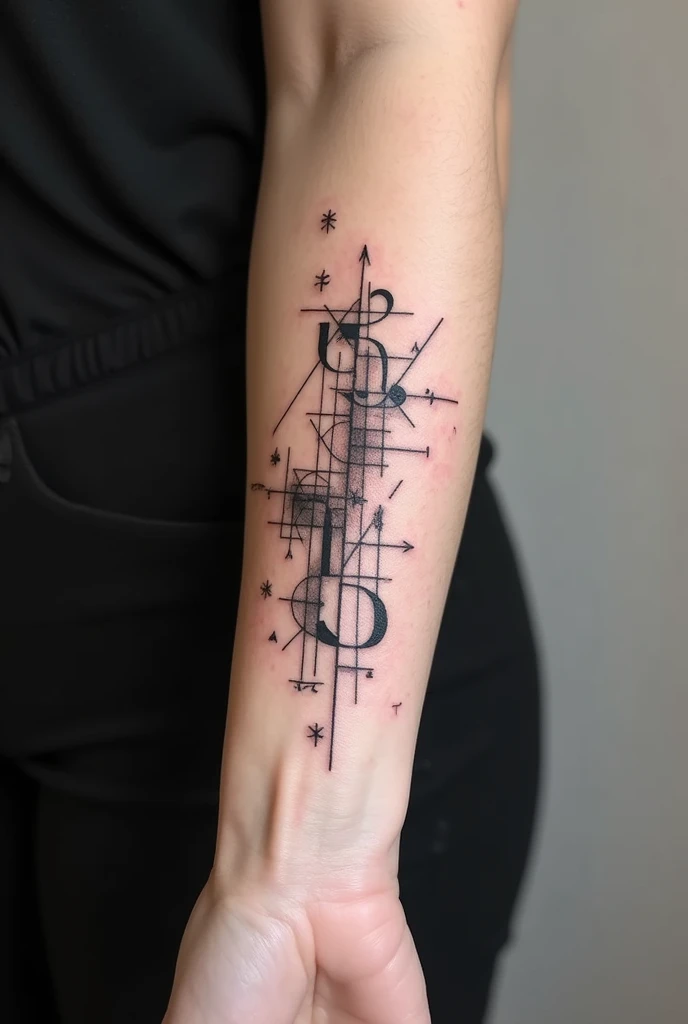 Tattoo design for women to cover a math equation, that it be black in color, for the left forearm and that it gets bigger, that they DO NOT have flowers and that the image is clear, that it has lines