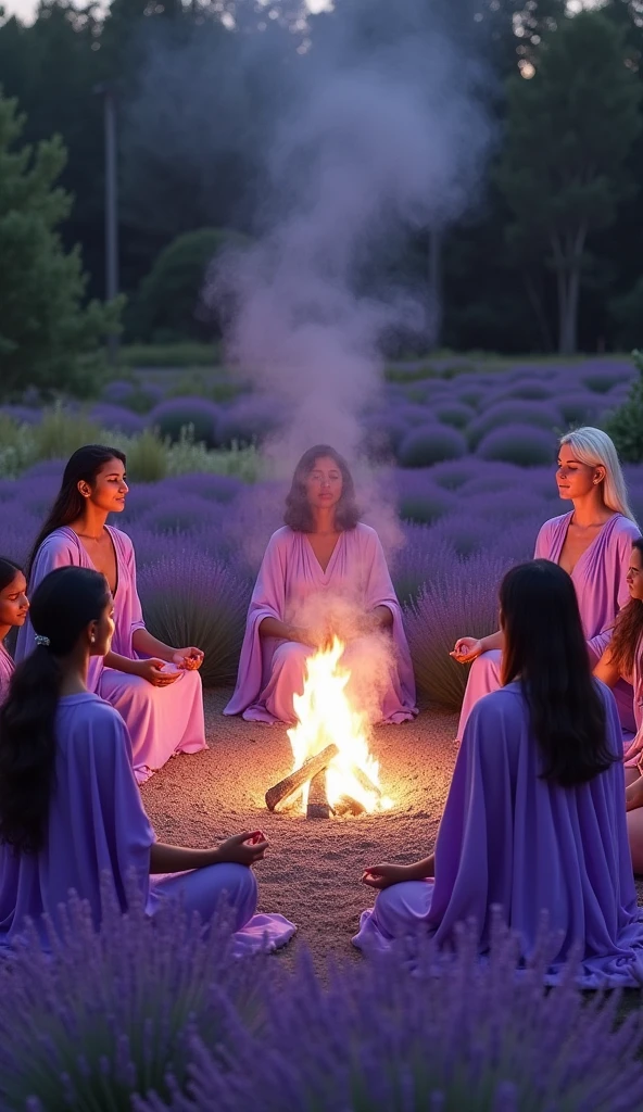 some white women, black, Indian with different exquisite violet capes of priestesses, sitting around a very high bonfire meditating on the violet fire, In the lavender garden, convey depth, many plants, tall crystals