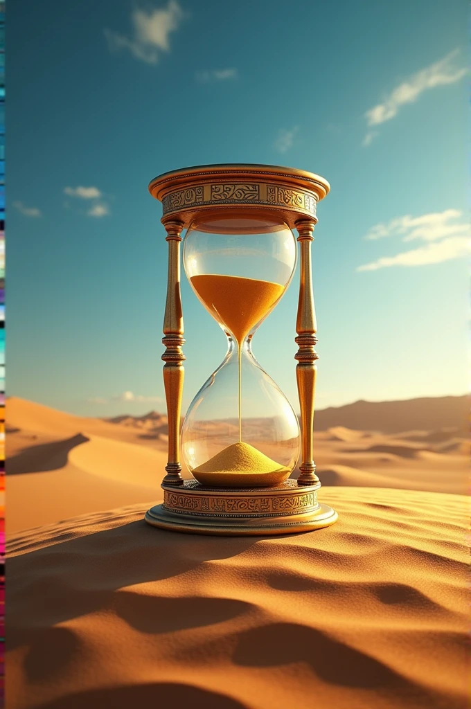 Create a logo with an hourglass in the desert with hieroglyphics and the inscription CODE OF TIME