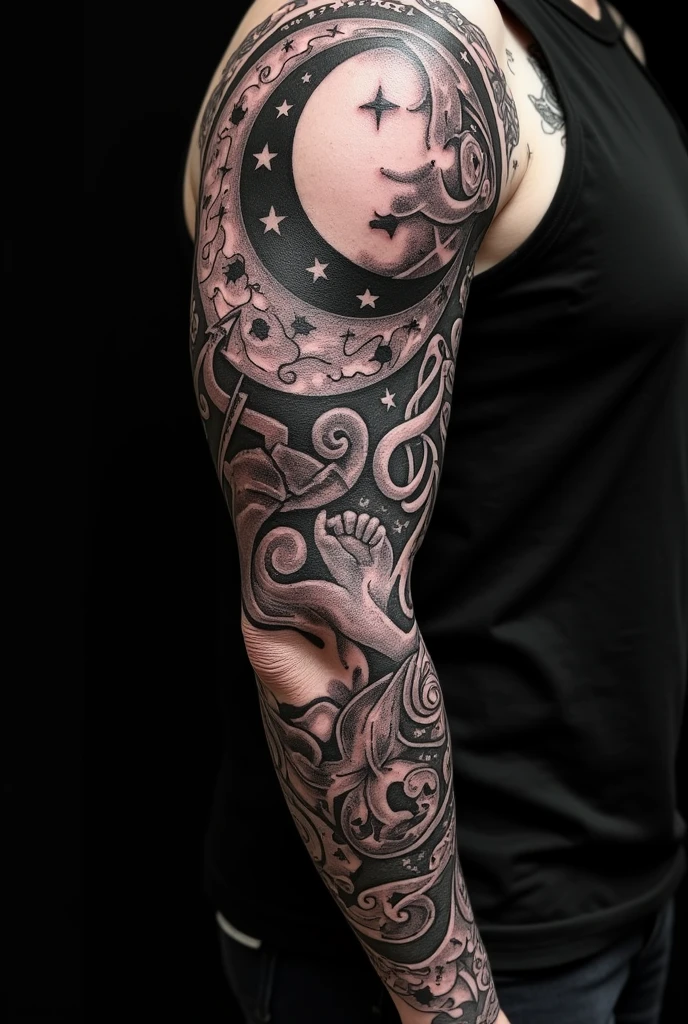A full arm tattoo in blackwork that is representing my life, representing music hobby, metal music, depression, a crescent moon inside, friendship, concerts 