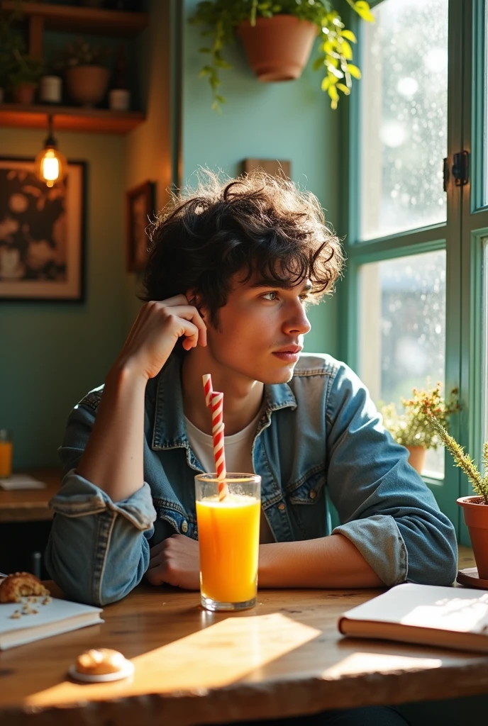 A young man thoughtfully drinking juice from a glass with a lid.