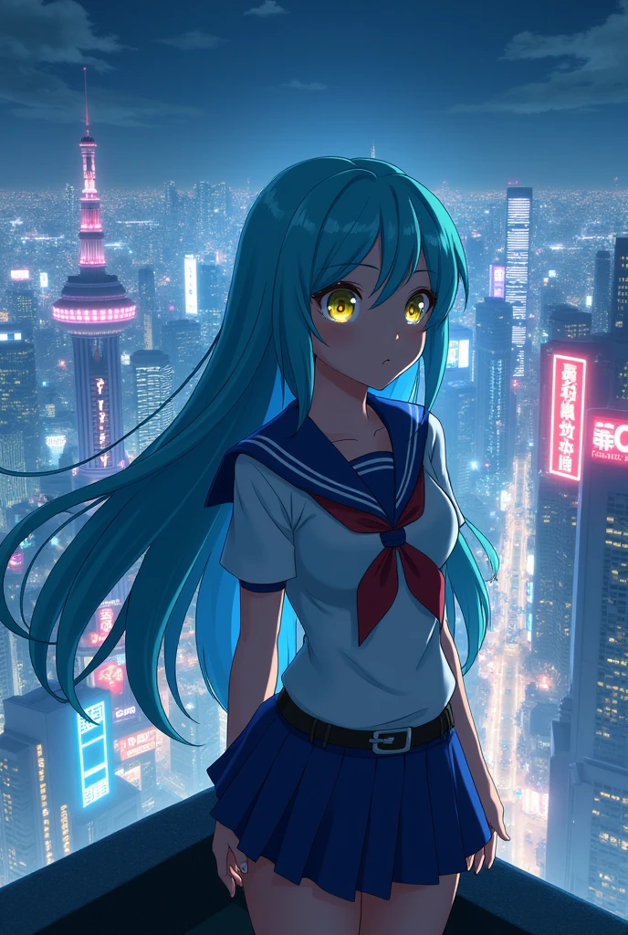 Screenshot of my hero academia.
Girl with light blue hair, Her hair is long, reaching her waist., It has a fringe. His eyes are yellow. White skin. 
This would be looking down at the view of Tokyo city at night, He is wearing his UA uniform 