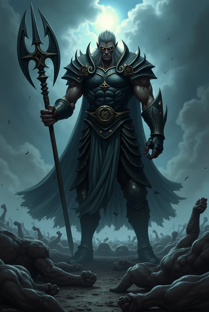 Make a tall soldier man who uses a halberd, On his face, there is an expression of hatred and anguish, He emanates an intimidating and imposing aura. There are countless enemies fallen at his feet.
anime styling. Capa de light novel.