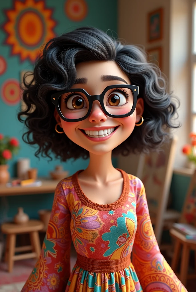 3D poster inspired by Pixar capturing a scene with a 55-year-old woman, medium and square black glasses, light brunette, long eyelashes, small and chubby nose, wrinkle between the eyebrows, arched eyebrows, square chin, overweight, chubby, a little belly, slightly full lips, full breasts, smiling, black hair, very black and full of curls, and short on the side, all curly hair, full of curls, shaved nape and long bangs on the side with curls, very long with curls, with an asymmetrical pixie haircut in which one side is very short and the left side is longer, long, wide and colorful dress with geometries, atelier with mandalas, a beautiful mole on the upper lip, between the nose and the mouth