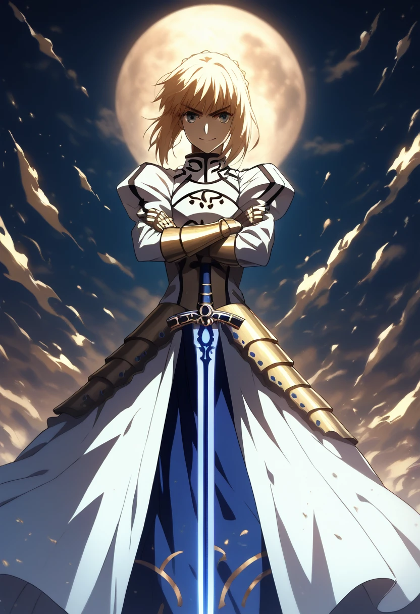 (safe:1.10), best quality, masterpiece, highres, solo, (saber_fatestaynightufotable:1.10), crossed arms, cowboy shot, looking at viewer, anime_style, 39 ,downtown,standing,smile,one girl,gold light sword,midnight,moon