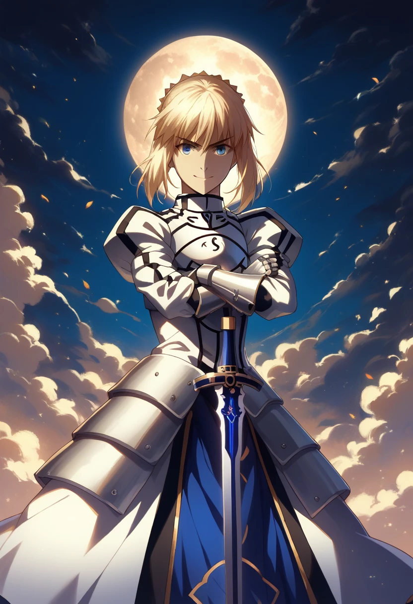 (safe:1.10), best quality, masterpiece, highres, solo, (saber_fatestaynightufotable:1.10), crossed arms, cowboy shot, looking at viewer, anime_style, 39 ,downtown,standing,smile,one girl,gold light sword,midnight,moon