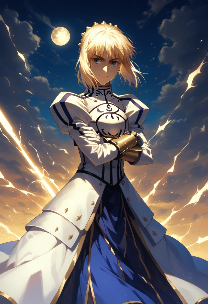(safe:1.10), best quality, masterpiece, highres, solo, (saber_fatestaynightufotable:1.10), crossed arms, cowboy shot, looking at viewer, anime_style, 39 ,downtown,standing,smile,one girl,gold light sword,midnight,moon