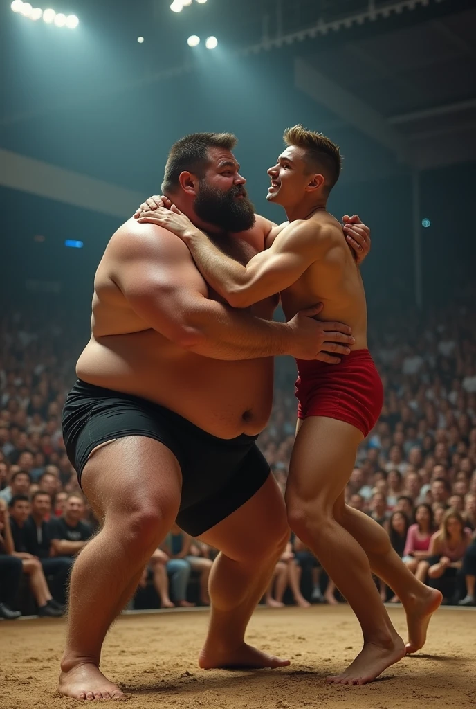 A fight between a fat European wrestler and a handsome muscular attractive white European male gymnast with spiky hair. The fat wrestler is seen choke-holding the muscular handsome gymnast. the arena is seen in our background. All faces are looking at the camera. The wrestler is behind the gymnast . All nude