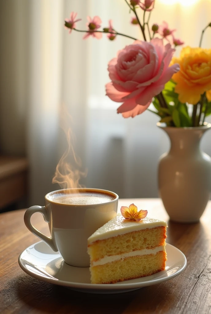 coffee, cake, flower ,vase