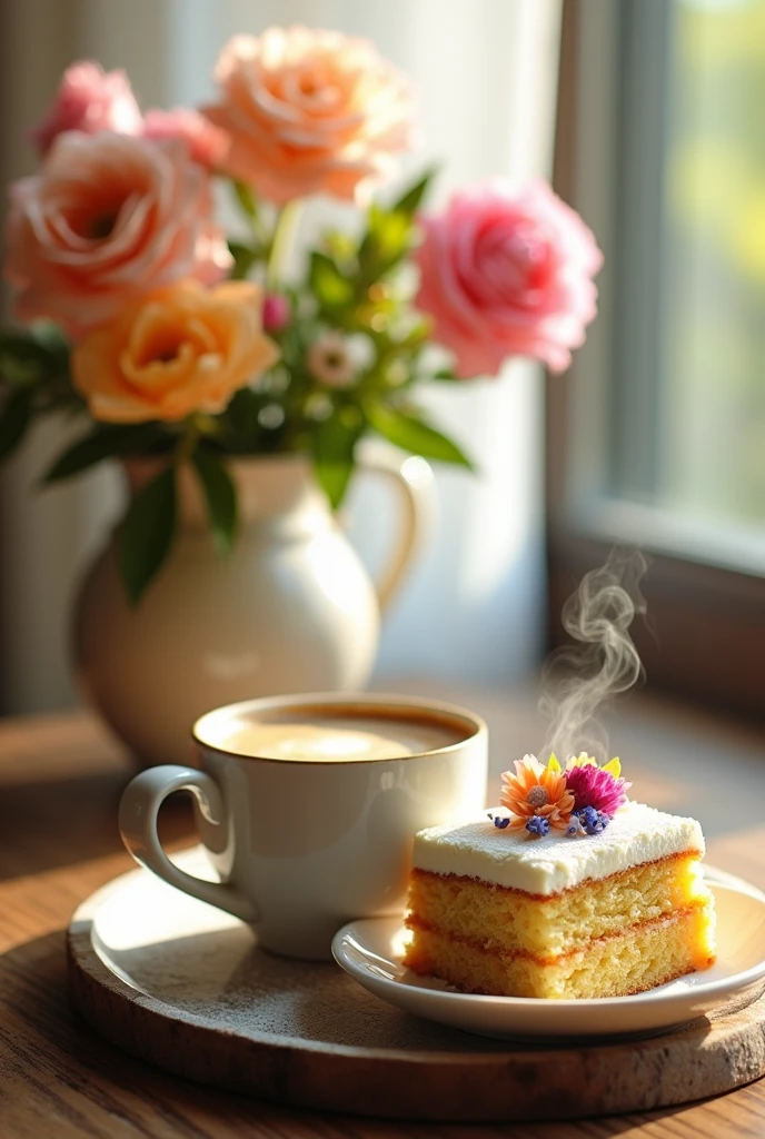 coffee, cake, flower ,vase 