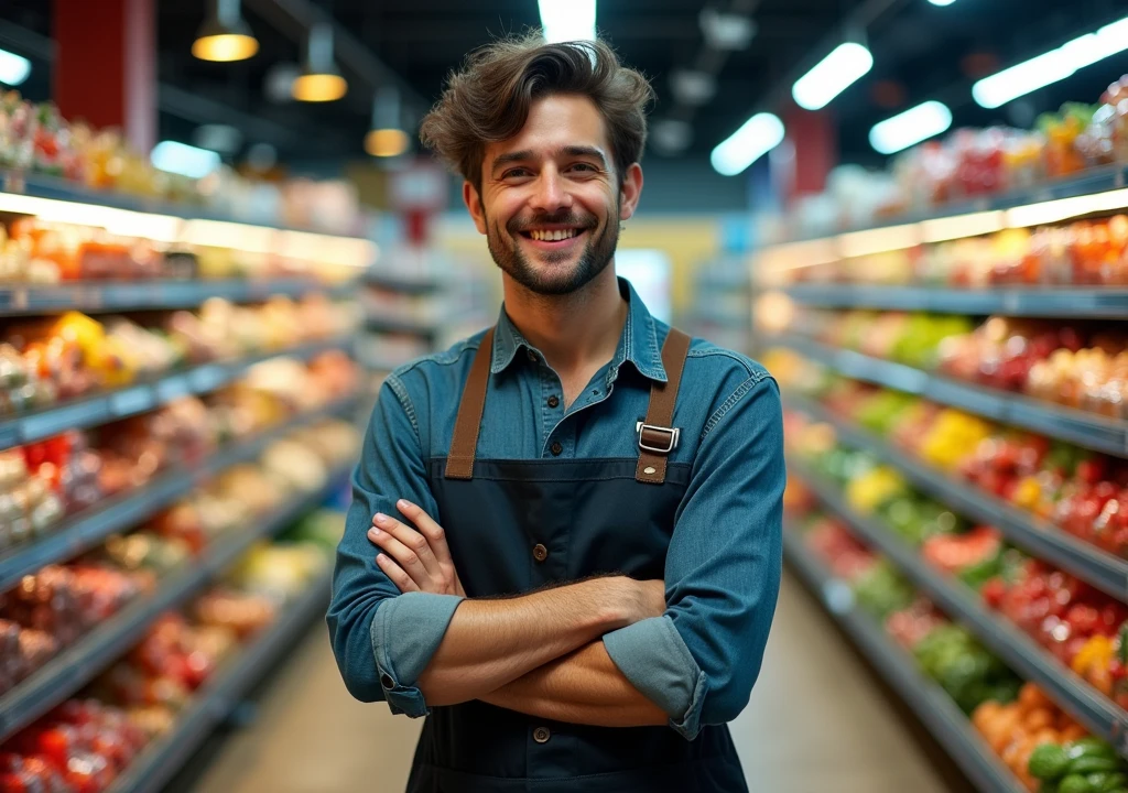 A young Store owner man standing proudly in his shop for YouTube thumbnail of super market samulator