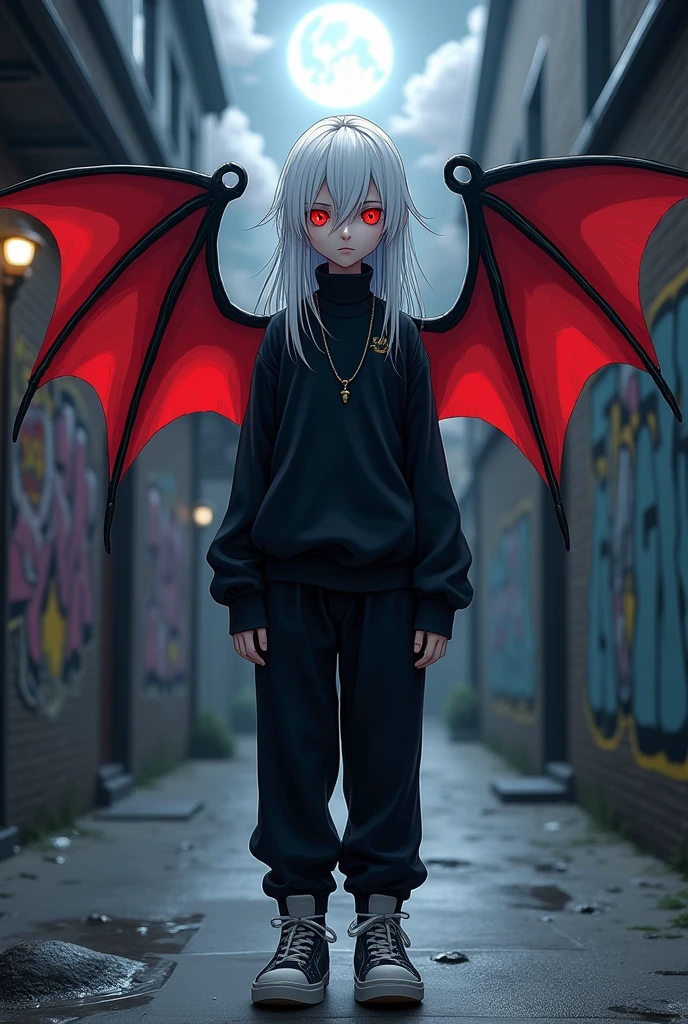 Kizuro is a young boy with a thin and slender body., 1,75 tall, Eyes red, pale skin, long white hair that reaches more than halfway down her back, with strands on each side of the head. Your hair parts into a fringe that covers one of your eyes, more precisely, the left eye. He wears a long-sleeved black shirt with a high neck, a black sweatshirt over a shirt, black sweatpants and black sneakers with dark gray soles. Kizuro has black bat wings with red interior on the sides and an extremely feminine face..
