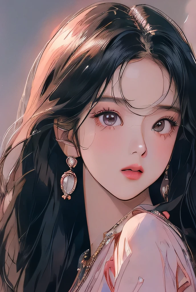a beautiful detailed portrait of Kim jisoo, extremely detailed eyes and face, longeyelashes, delicate feminine features, elegant expression, beautiful flowing black hair, detailed high-quality realistic rendering, cinematic lighting, warm soft color palette, intricate details, masterpiece, photorealistic, 8k