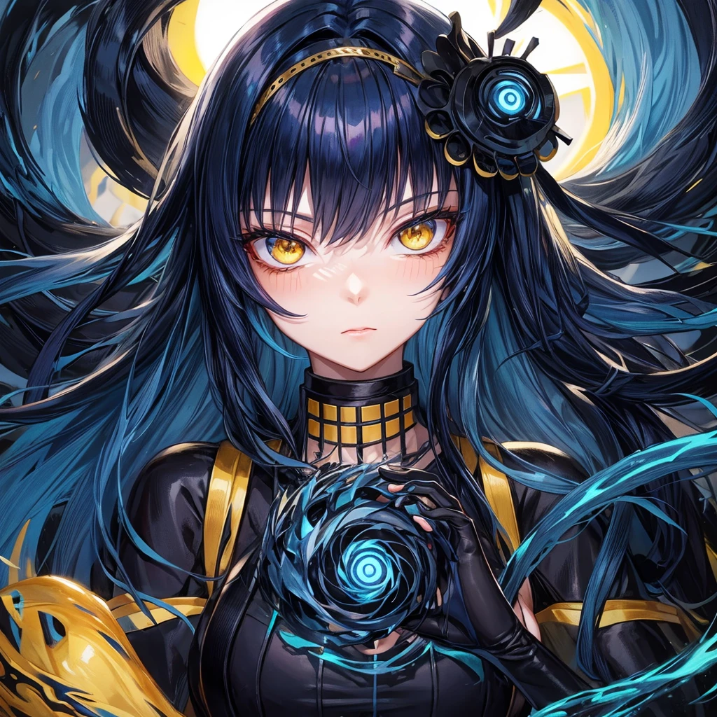 Dark blue hair, yellow eyes, pretty girl, aura, bool fire blue hair