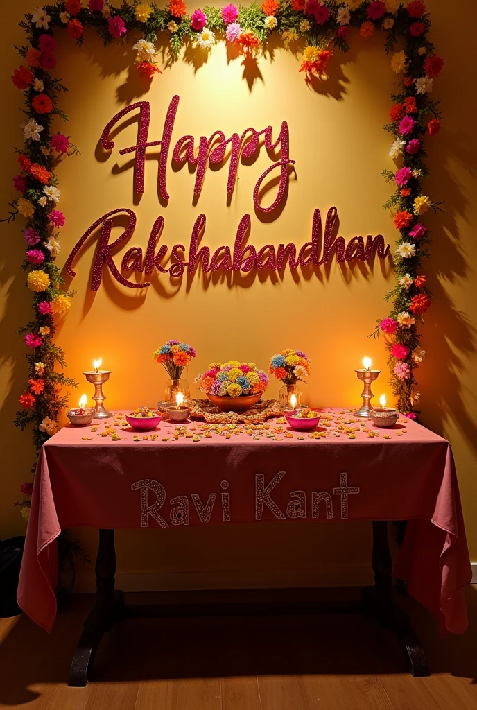 Happy rakshabandhan written on the wall with diya rakhi flowers thename Ravi
kant is written on name taking on the table