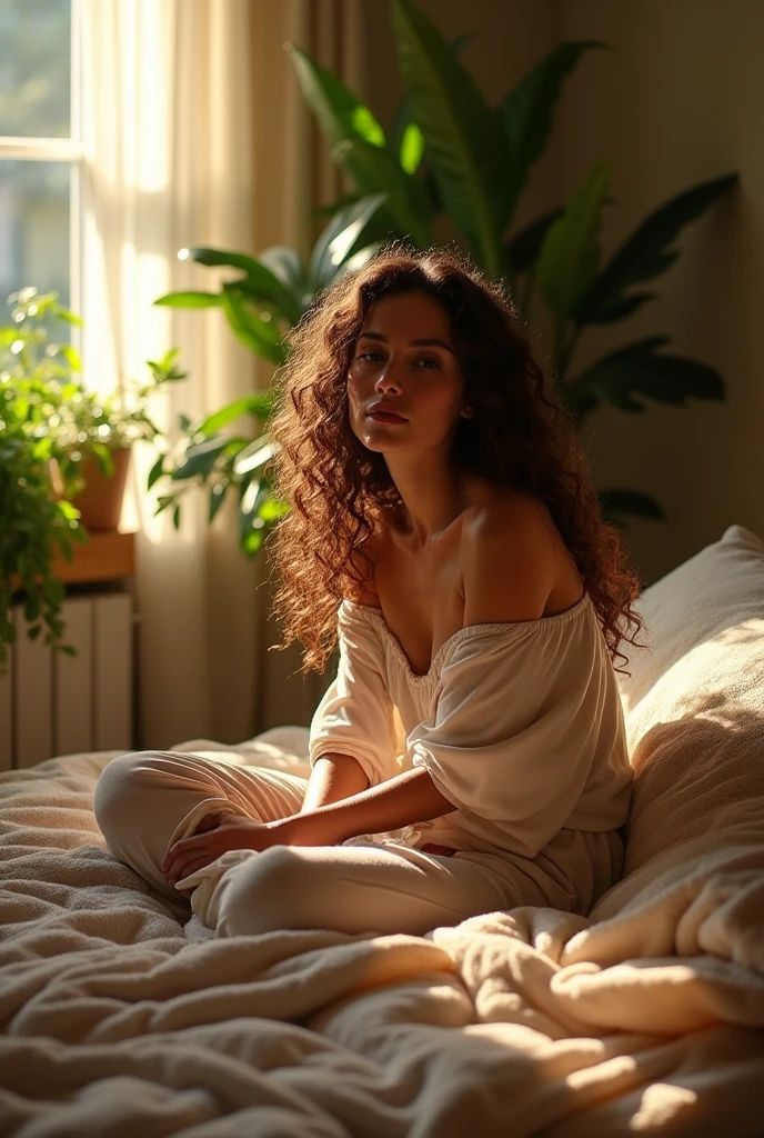 (photorealism:1.2), beautiful woman, sitting on bed, wearing loose off-shoulder top, pajama pants, long curly hair, indoors, soft lighting, plants in background, window with sunlight, cozy room, relaxed pose, realistic, intricate details, warm colors, by Greg Rutkowski, by Alphonse Mucha