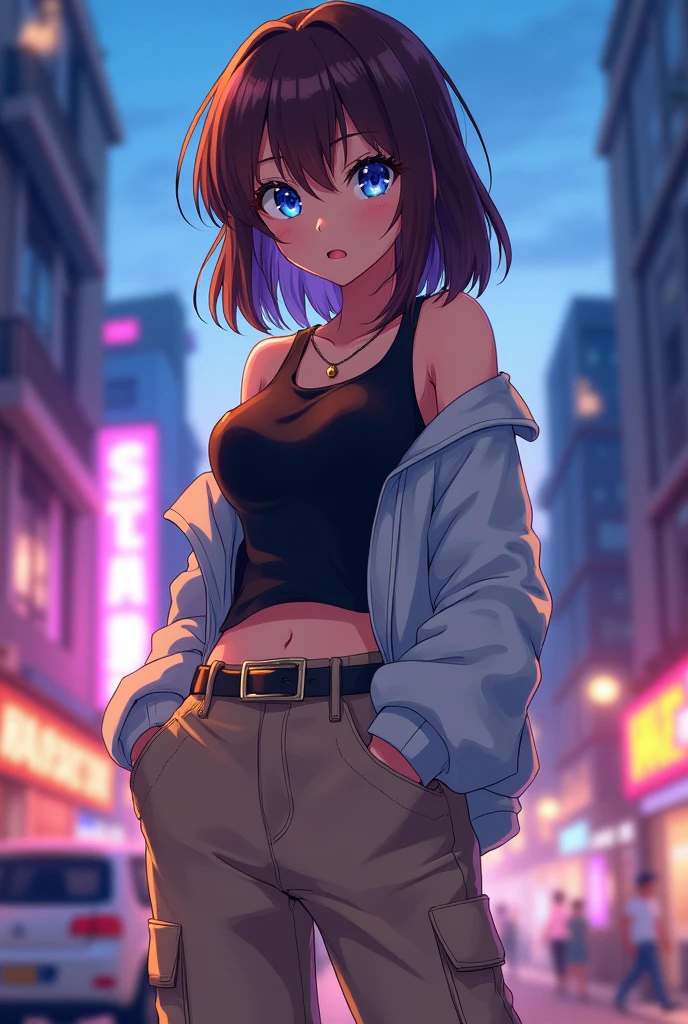one , blue eyed, brown and medium hair,com one calça cargo beje e um top preto. anime styling