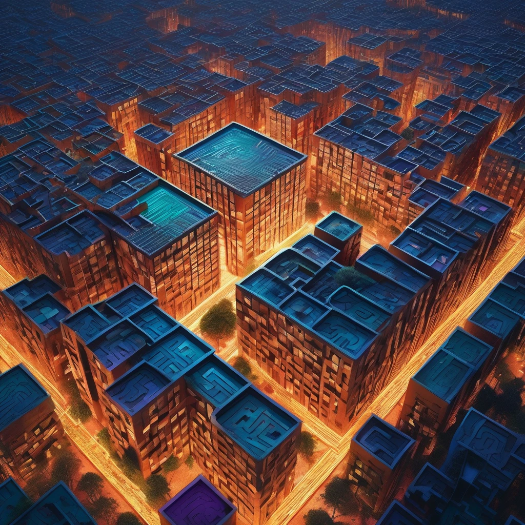 (layout complexo, intricate-detail, pictorial) skyscraper maze on top, ancient architecture in the form of a forest, A massive, intricate and detailed maze that resembles an enigmatic geometric pattern, illuminated by a pulsation, multicolored light that changes rhythm. movie poster, cinematic, High definition, Ultra-realism, digitl art, Illustrative, pictorial, mattepainting, rule of thirds, work of art, award-winning art, Trends in the art season