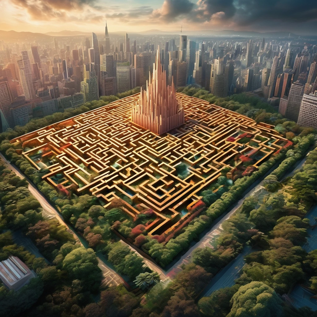 (layout complexo, intricate-detail, pictorial) skyscraper maze on top, ancient architecture in the form of a forest, A massive, intricate and detailed maze that resembles an enigmatic geometric pattern, illuminated by a pulsation, multicolored light that changes rhythm. movie poster, cinematic, High definition, Ultra-realism, digitl art, Illustrative, pictorial, mattepainting, rule of thirds, work of art, award-winning art, Trends in the art season