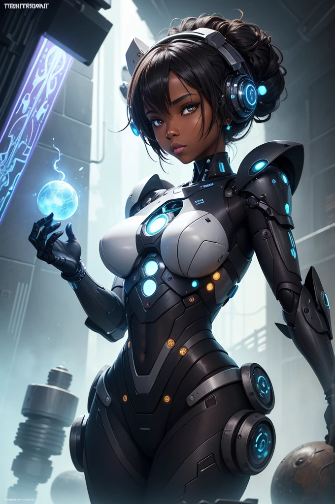 cover for the music track titled “Trembeat - Ritual”. The image should feature a face and upper body that seamlessly blend two styles: one side should suggest a realistic female human with dark skin and subtle ethnic symbols, while the other side should evolve into a futuristic robot. The robot’s surface should integrate vibrant, colorful flowers that flow organically from the human side, creating a harmonious fusion of natural and artificial elements. Ensure the transition between the human and robot aspects is fluid and natural. The text “Trembeat - Ritual” should be incorporated in a modern, artistic font that complements the overall design, enhancing the blend of traditional and futuristic aesthetics.