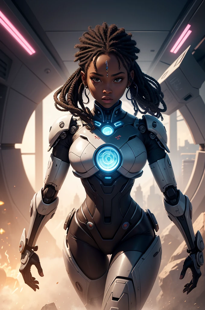 cover for the music track titled “Trembeat - Ritual”. The image should feature a face and upper body that seamlessly blend two styles: one side should suggest a realistic female human with dark skin and subtle ethnic symbols, while the other side should evolve into a futuristic robot. The robot’s surface should integrate vibrant, colorful flowers that flow organically from the human side, creating a harmonious fusion of natural and artificial elements. Ensure the transition between the human and robot aspects is fluid and natural. The text “Trembeat - Ritual” should be incorporated in a modern, artistic font that complements the overall design, enhancing the blend of traditional and futuristic aesthetics.
