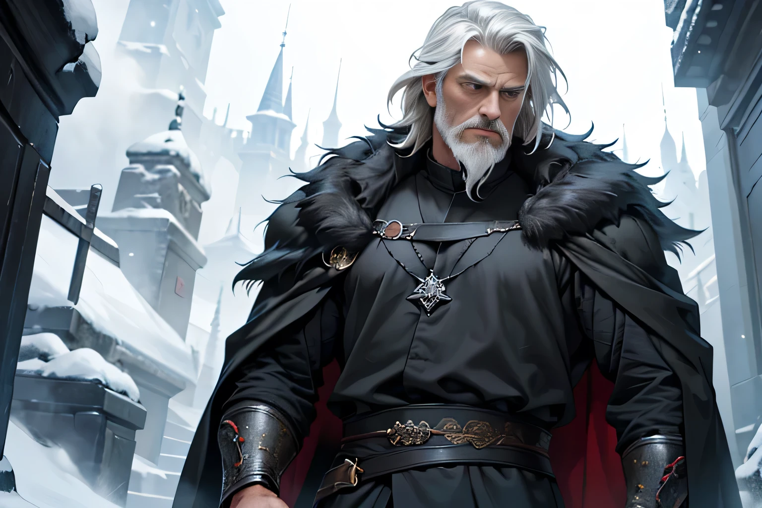 ((Best quality)), ((masterpiece)), ((realistic cartoon)), ((perfect character)):
In this stunning and highly detailed realistic cartoon, we present a Man of the North. The man stands tall, standard Northern aesthetic, but with a few twists, his outfits also include some black, to match the color of the animal fur black cloak he wears. His face is adorned with a medium, white beard, adding to his wise and aged appearance.
With a majestic European greatsword that carries on his back, this man exudes a fearsome warrior aura.
Every element of this masterpiece is carefully designed to create a sense of realism and immersion. The intricacies of the man's clothing, the mesmerizing effects of the area around him and he was in Winterfell, and the level of detail in his weathered face all contribute to a captivating visual experience. This artwork is presented in stunning UHD resolution, allowing you to appreciate every nuance and intricacy in breathtaking detail.
Eye level, scenic, masterpiece.