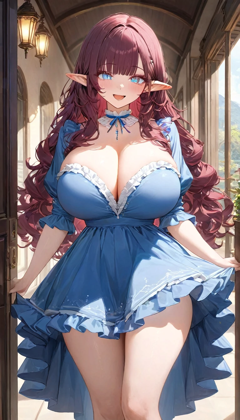 (masterpiece), best quality, highly detailed, absurdres, 1girl, huge , (maroon hair:1.2), long hair, (wavy hair:1.1), light detailed eyes, blue eyes, full bangs, (blue flared dress:1.2), short skirt, frills, frilled choket, (standing:1.1), smile, open mouth, pointy ears, (make-up, eyeshadow:1.1), outside,