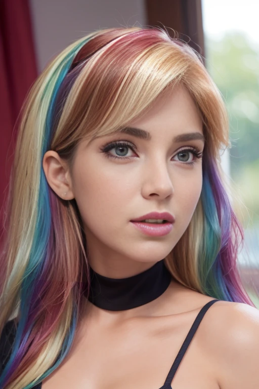 (La mejor calidad, 4k, 8k, Altas Resoluciones, Obra maestra:1.2), Ultra detallado, cara detallada, Labios y ojos detallados..........., lindo maquillaje , aspecto atractivo, Rostro expresivo, realista,
Romper ,Beautiful Caucasian woman with shoulder length messy wavy pink hair, 18 years old, Grandes ojos color rosa, piel clara, slim and athletic, cabello que cubre un ojo,
Romper (dynamic pose), senos grandes , Luz solar suave iluminando la escena, Sutil movimiento del viento en el cabello, happy expression, gloomy atmosphere, afable, Natural lighting that emphasizes your features..........., Subtle shadows that add depth and dimension to the image....... , beautiful girl , mlp Rainbow Dash , pelo de colores arcoiris , cabello de colores arcoiris , outfit elegante ,cuerpo completo , Rainbow Dash , cara alegre , linda sonrisa, vestido elegante , cuerpo completo , maquillaje, labios rojos