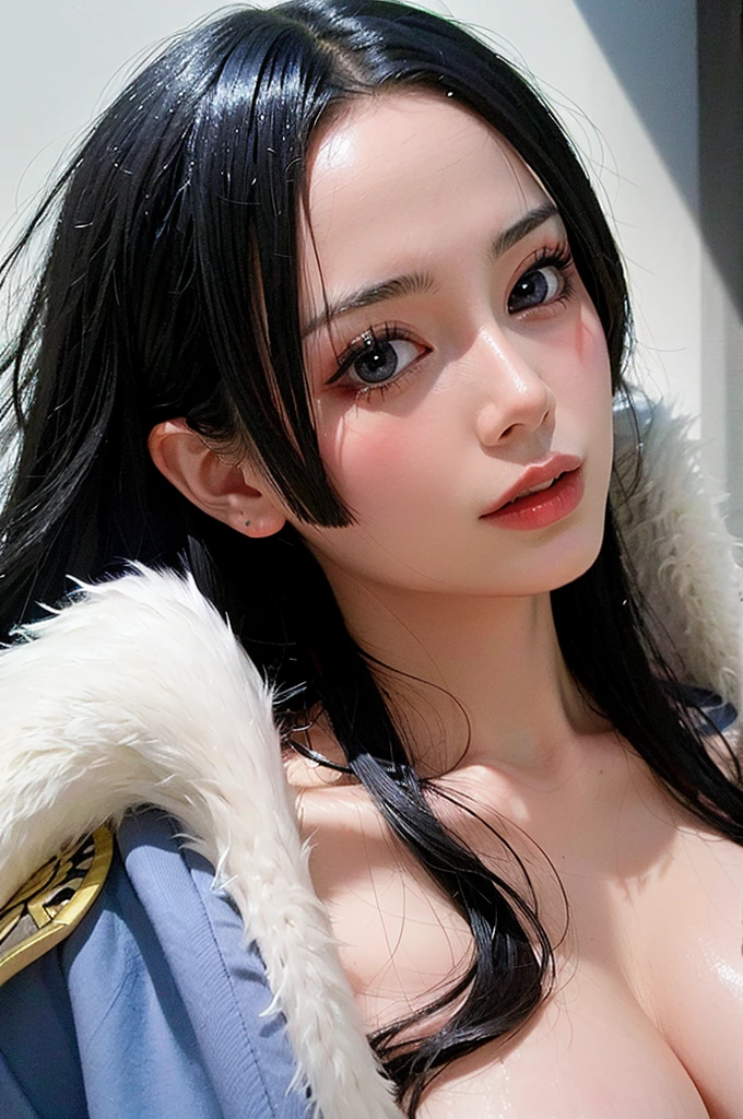 A masterpie、best qulaity、ultra-highres、(20yo,Mature cool and beautiful face)、(photo realistic image:1.4)、((1girls、White fair skin:1.4、19-year-old、spotless、a Pretty、black haired、Bangs、Big breastassive underboob、chests、Expose muscles、Sweat muscles, (((Boa Hancock))), Boa Hancock from one piece )、(smile on face、Happiness、joy、frisky、closes mouth)、High detailed eyes、long neck、eye liner、Lashes、Big eyes、((Very beautiful、Very beautiful))、(((natural day light、Put your ears out、Staring at viewer、Entice your audience、Burst breasts、Highlights in the eyes)))、pools、Blur the background、alluring face、perfectbody、(Oiled skin, shining skin、high gloss skin、Constriction、Professional lighting ), long hair, pirate ship