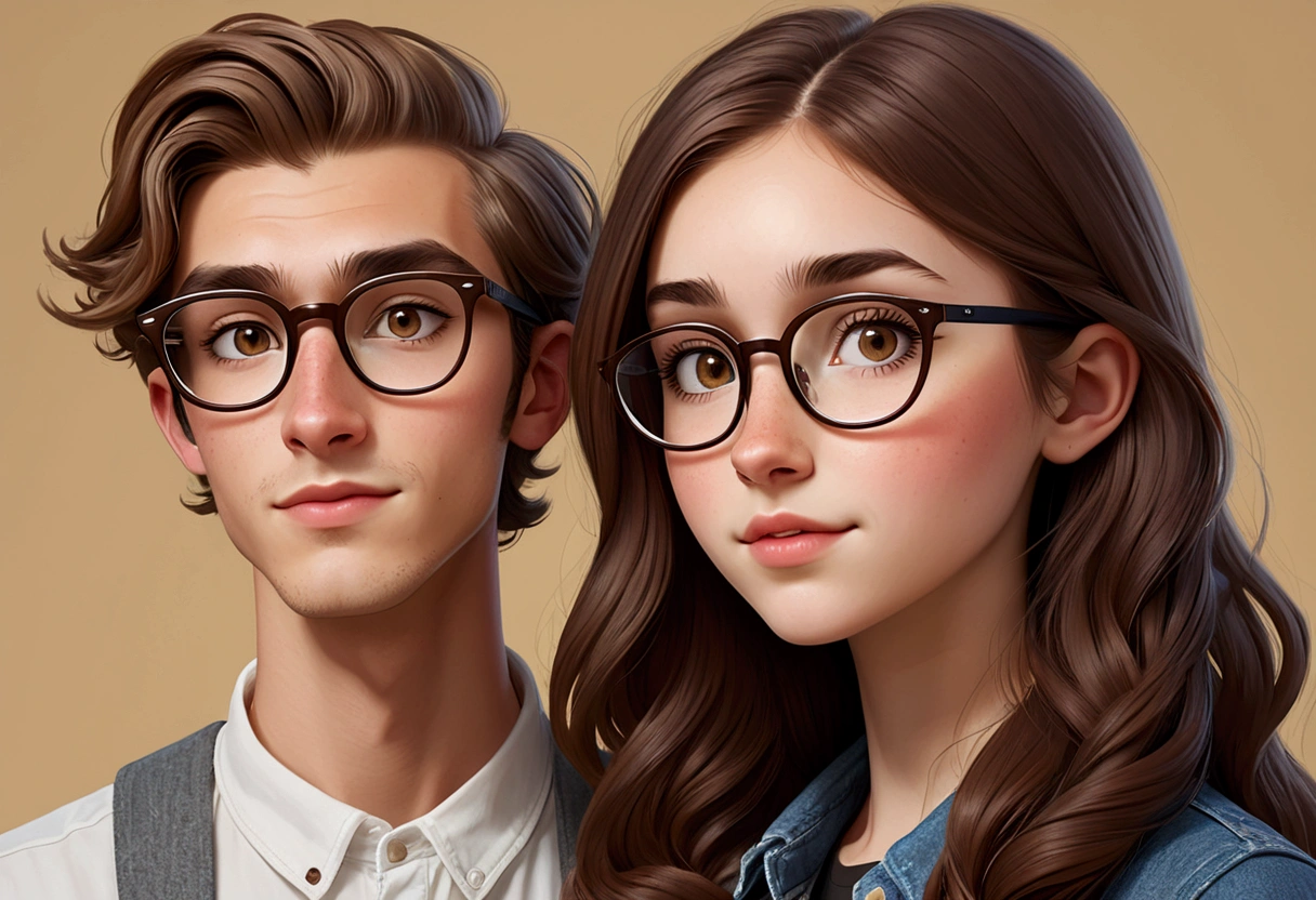 a young heterosexual couple, a tall thin boy with light brown hair and hipster glasses and the shorter girl, also white, with dark brown hair with long hair combed to the side with round glasses