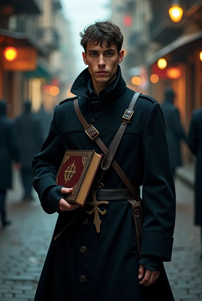 Create a RPG exorcist priest from Cellbit's RPG and make his clothing a long coat with a cross, he is 26 years old and in a city environment, place more emphasis on his 26-year-old appearance carrying a bandolier with a large bible.