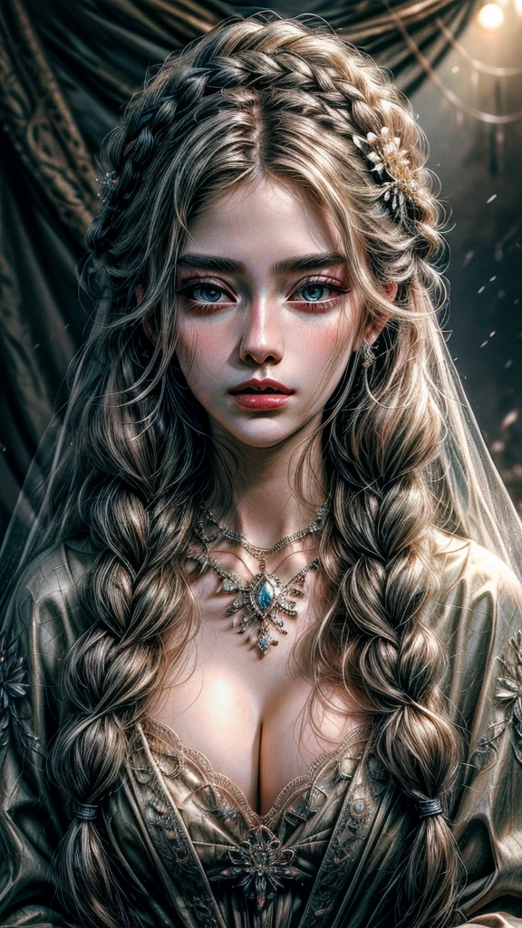 masterpiece，Highest high resolution，Beautiful bust of a noble lady，Delicate braided hair，Clear  eyes，The hair is covered with beautiful and delicate floral craftsmanship, Crystal jewelry filigree，Ultra-detailed details，upscaled。Soft lighting