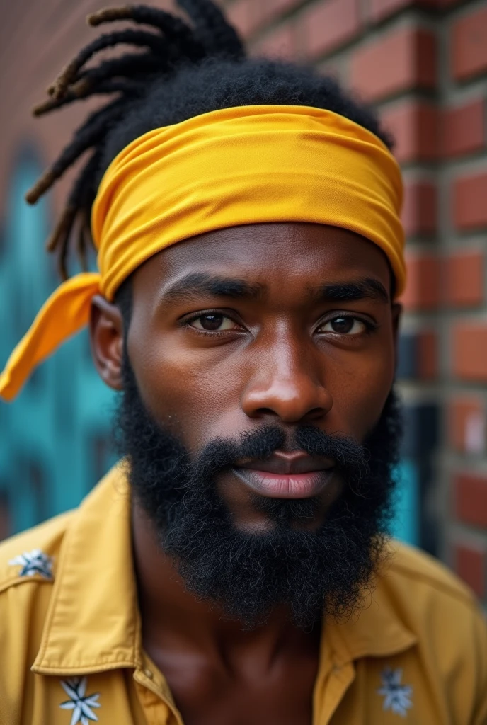 Real image of 28 year old black man, scruffy beard, shaved hair with a yellow bandana on the head
