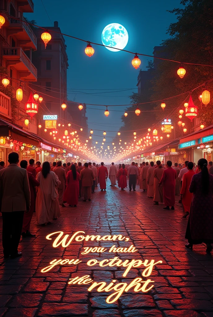 Chandni night in the street, many mayors in the crowd, the bagla written in the street called: woman, you occupy the night.